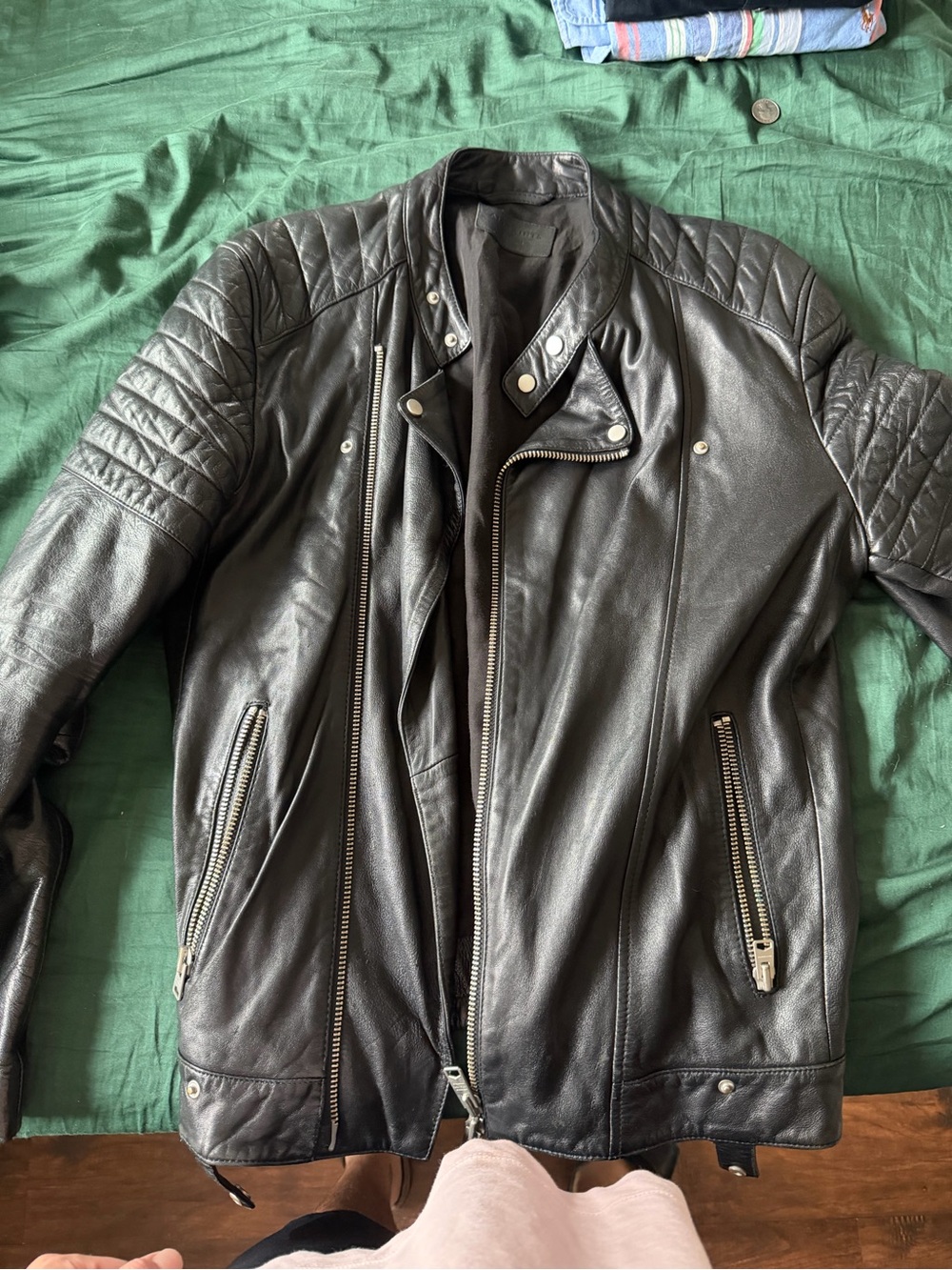 AllSaints Black Quilted-Shoulder Leather Biker Jacket